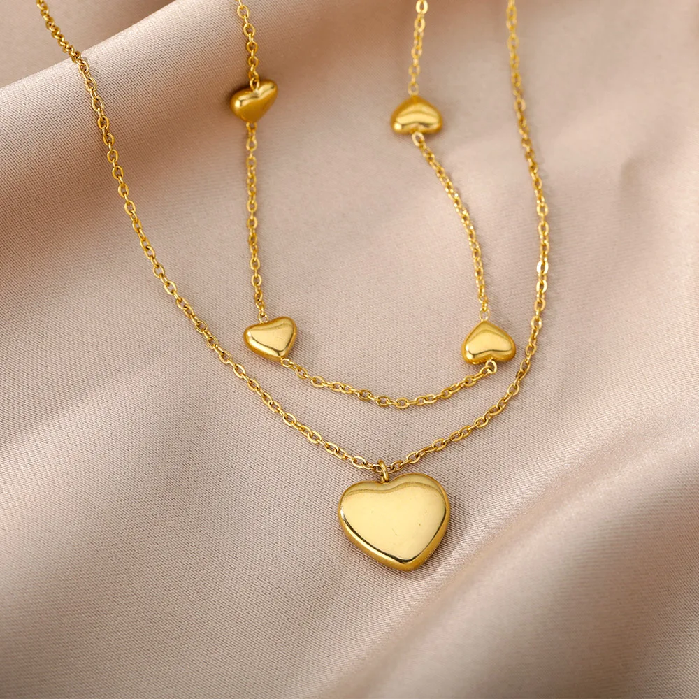 Double Layer Heart Clavicle Chain Necklaces For Women Stainless Steel Gold Plated Streetwear Choker Necklace Trendy Jewelry Gift