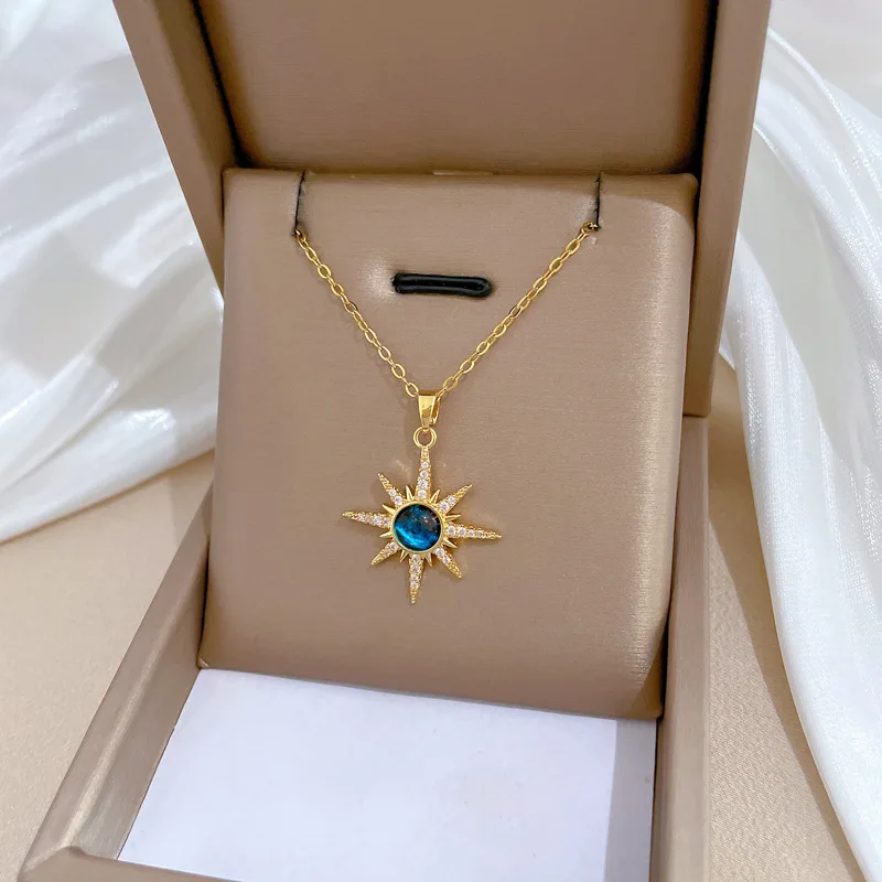 316L Stainless Steel Gold Plated Fashion Bohemian Blue Sun Star Pendant Necklace For Women Punk Party Jewelry
