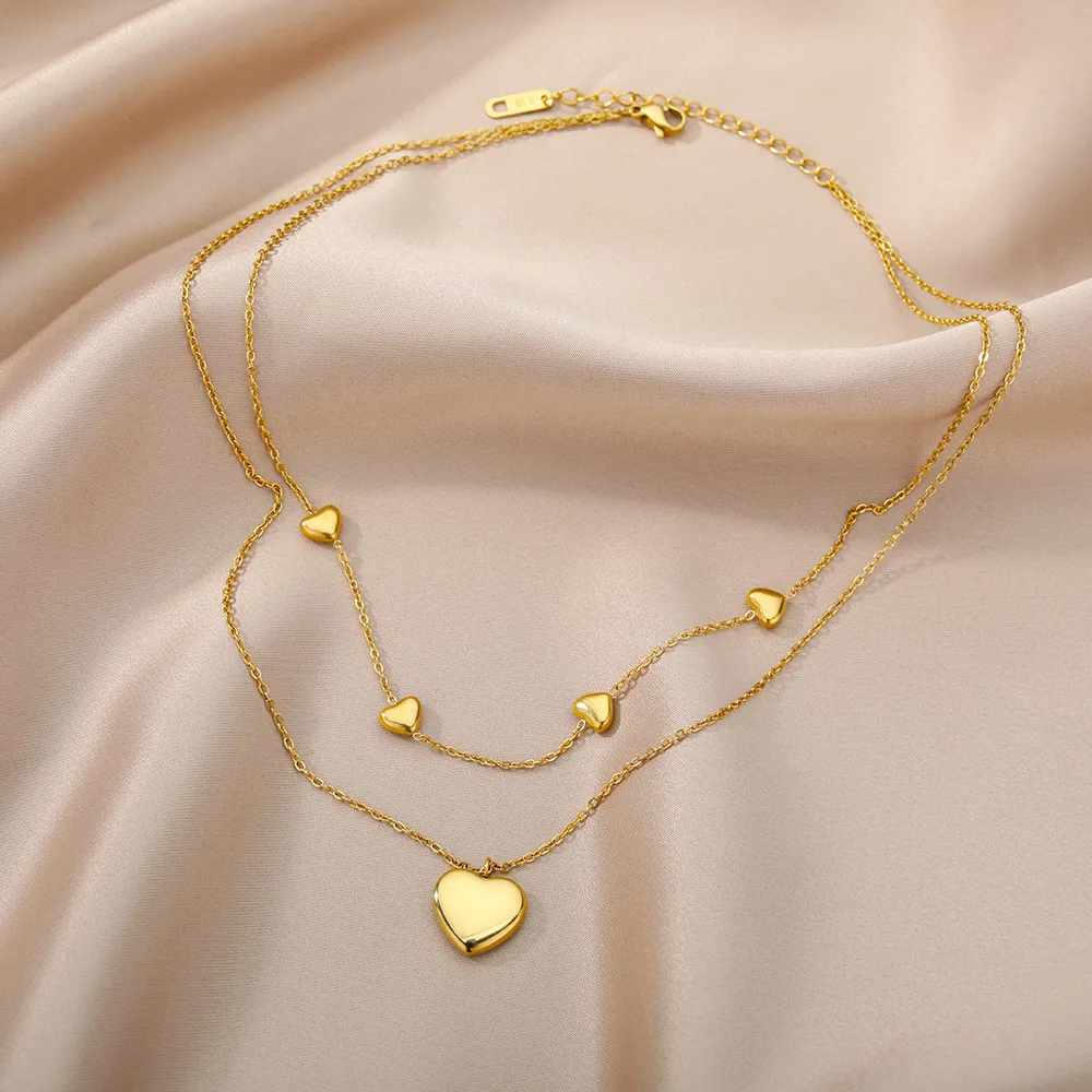 Double Layer Heart Clavicle Chain Necklaces For Women Stainless Steel Gold Plated Streetwear Choker Necklace Trendy Jewelry Gift